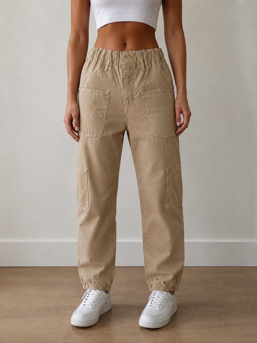 Free People Beige Cargo Jogger Pants Women’s Size2 Elastic Waist Utility Pockets